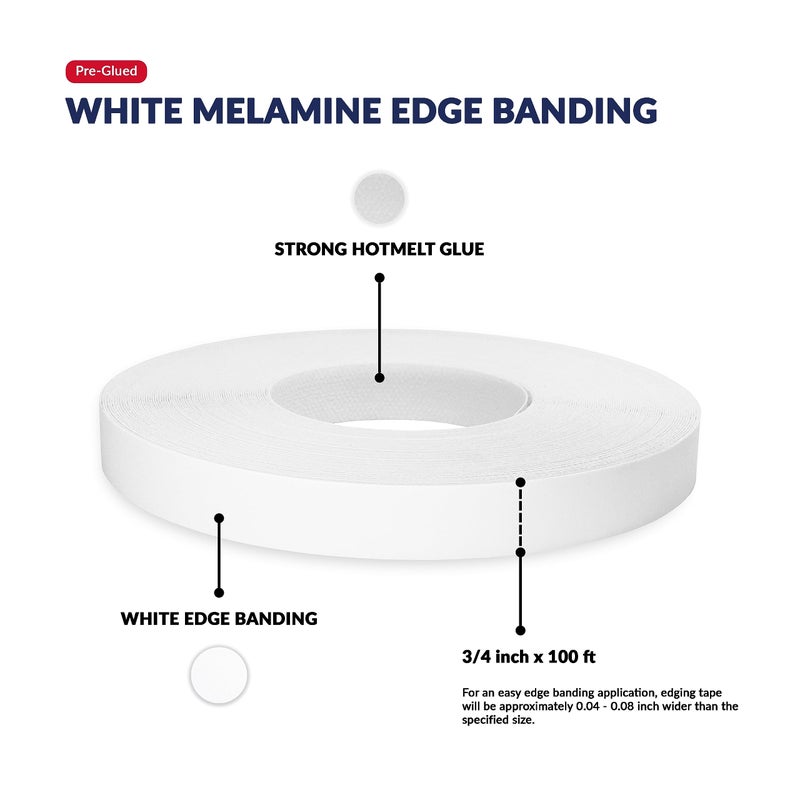 UNMAR White Melamine Edge Banding 3/4 inch x 100 ft Iron On Adhesive Edging Cabinet Repair Laminate Shelf Table Plywood MDF Board Furniture Formica Countertop Pre Glued Flexible Strip Wood Veneer Tape Trim - Image 2